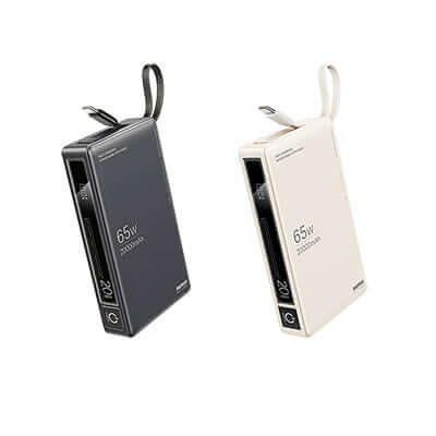 Remax RPP-87 65W Powerbank with Cable 20000mAh in space grey and Yunyan rice colors.