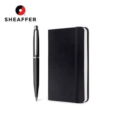 Sheaffer® Ballpoint Pen and Medium Notebook Black Hangsell Giftset featuring sleek design and durable leatherette cover.