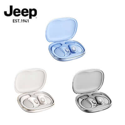 Jeep EX1 Open-Ear Wireless Earbuds with AI Translator in charging case, perfect as a Corporate Gift.