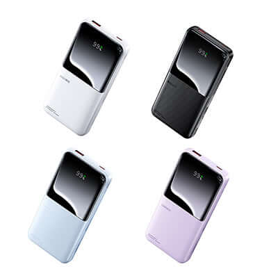 Remax RPP-679 Powerbank with Cable 10000mAh in four colors with LED display for battery status.