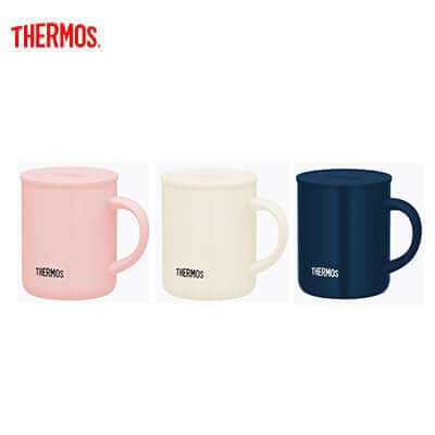 Thermos JDG-351C Mug with Handle and Lid in Powder Pink, Milk White, and Navy colors for corporate gifts.