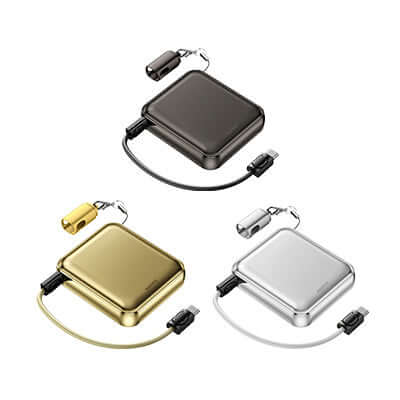 Remax FCP-9 Mini Powerbank 10000mAh in black, gold, and silver colors with lanyard and fast charging cable.