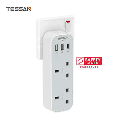 TESSAN Vertical Socket Extension Adaptor with 3 USB for convenient charging and workspace organization.