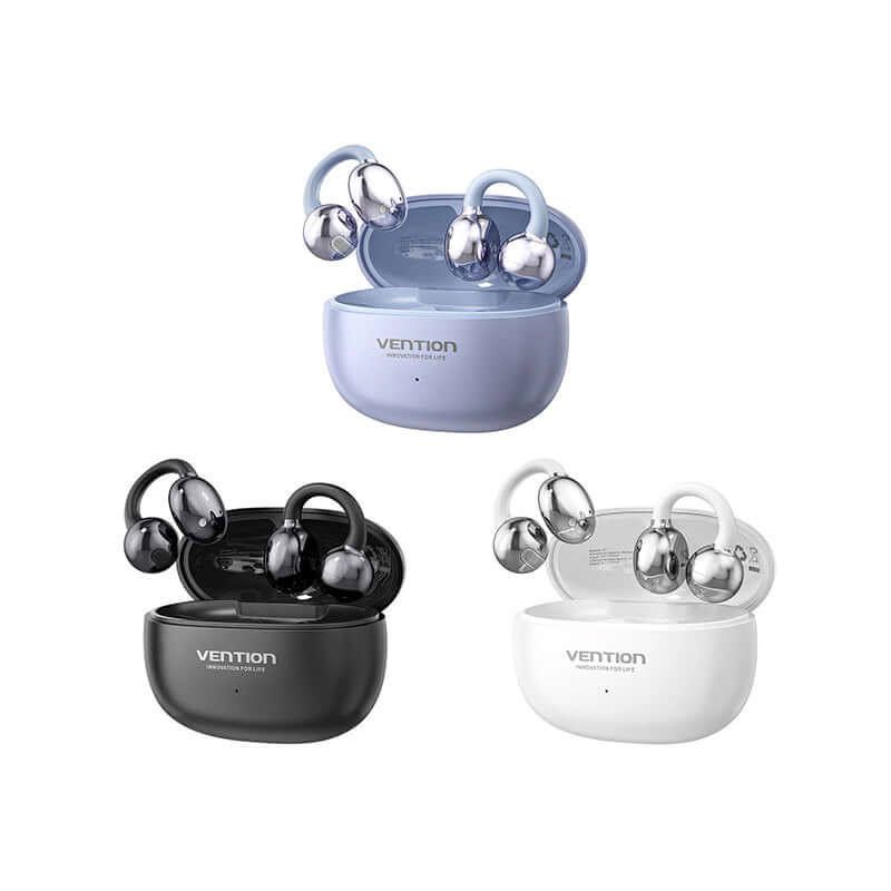 Vention ECHO CLIP A1 Open Ear Headphones in black, white, and blue with charging cases.