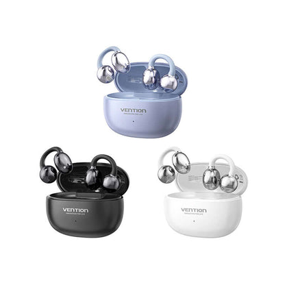 Vention ECHO CLIP A1 Open Ear Headphones in black, white, and blue with charging cases.