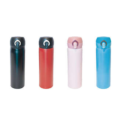 Matt Stainless Steel Flask 500ml in various colors: black, blue, red, and pink, perfect for corporate gifts.