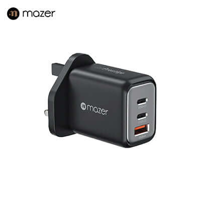 Mazer GaNPrestige 65W GaN Wall Charger (3 Ports) with 2 USB-C and 1 USB-A ports.