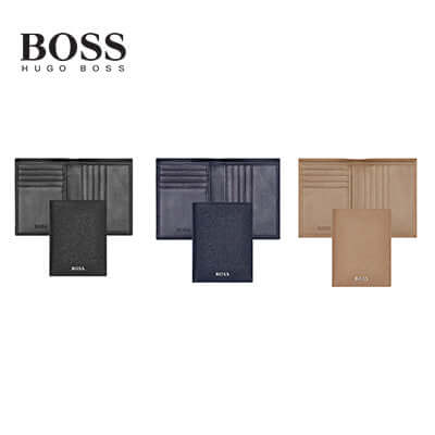 Hugo Boss Folding card holder Classic Grained in black, navy, and camel colors, showcasing minimalist design.