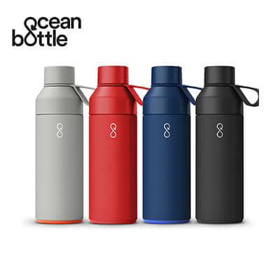 Ocean Bottle Original Vacuum Bottle in four colors: gray, red, blue, and black. Ideal for corporate gift and hydration needs.