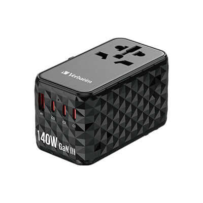 Verbatim 32125 GaN III Universal Travel Adapter 140W with multiple USB ports for international charging.