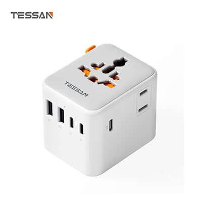 TESSAN 28W Travel Adapter with 2 USB A & 3 C Ports for quick charging and worldwide use.