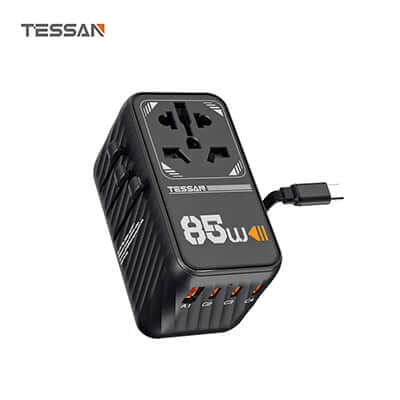 TESSAN 85W Travel Adapter with Built-in USB-C 75cm Cable for convenient international charging.
