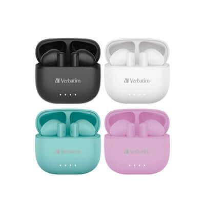 Verbatim Bluetooth 5.3 ENC Flat TWS Earbuds available in multiple colors.