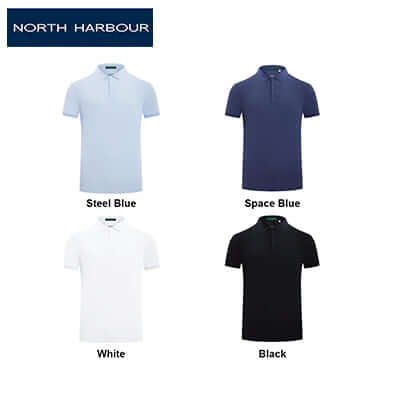 North Harbour Premium Lumin Polo 95650 in Steel Blue, Space Blue, White, and Black, perfect for corporate gifts.