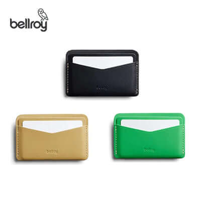 Bellroy Card Slip in black, tan, and green colors, ideal as a corporate gift for minimalists.