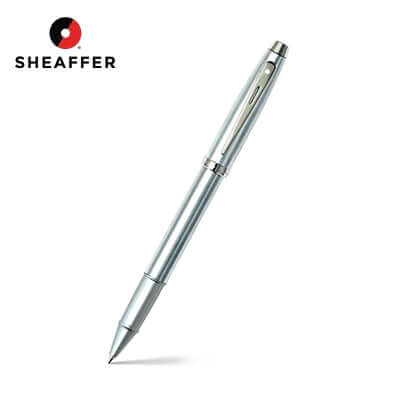 Sheaffer® 100 Brushed Chrome With Shiny Chrome Trim Rollerball Pen against a white background, perfect corporate gift.
