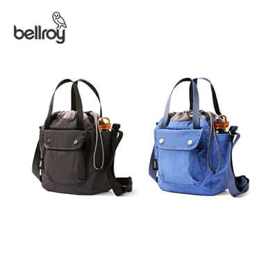 Bellroy Cinch Bucket Bag in black and blue, versatile and stylish corporate gift options.