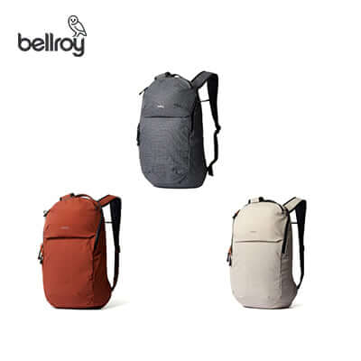 Bellroy Lite Ready Backpack in three colors: red, gray and beige, showcasing a modern design for travelers.