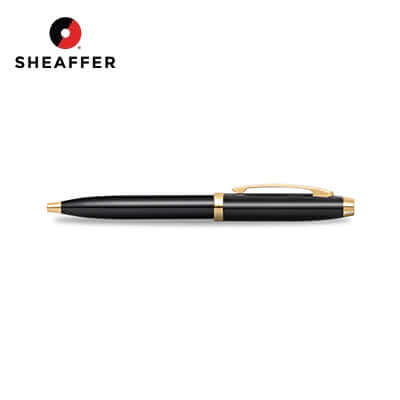 Sheaffer® 100 Glossy Black Ballpoint Pen With Gold Trims shown from the side, ideal as a corporate gift.