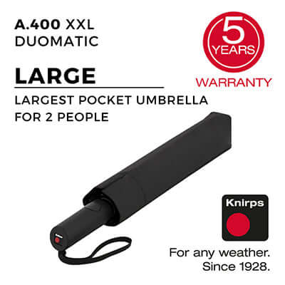 Knirps A.400 XXL Duomatic Umbrella in compact black design with warranty info, ideal corporate gift.