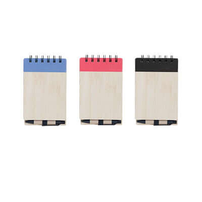 Bamboo Cover Notepad with Pen in blue, pink, and black colors, perfect for a stylish corporate gift.