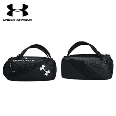 Under Armour Contain Duo Small Duffle, versatile black sports bag with adjustable straps and UA Storm technology.