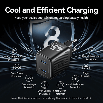 Vention 2-Port USB (C + C) GaN Charger 45W with features including surge and over-voltage protection.
