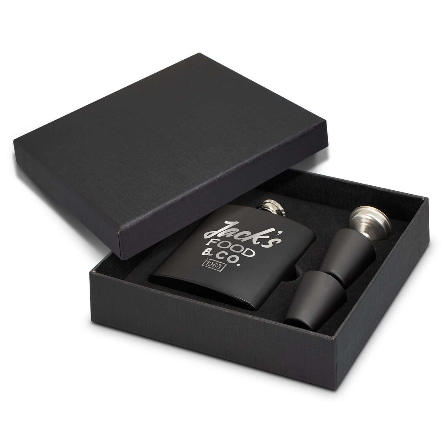 Dalmore Hip Flask Gift Set presented in a stylish box with a flask, shot glasses, and funnel.
