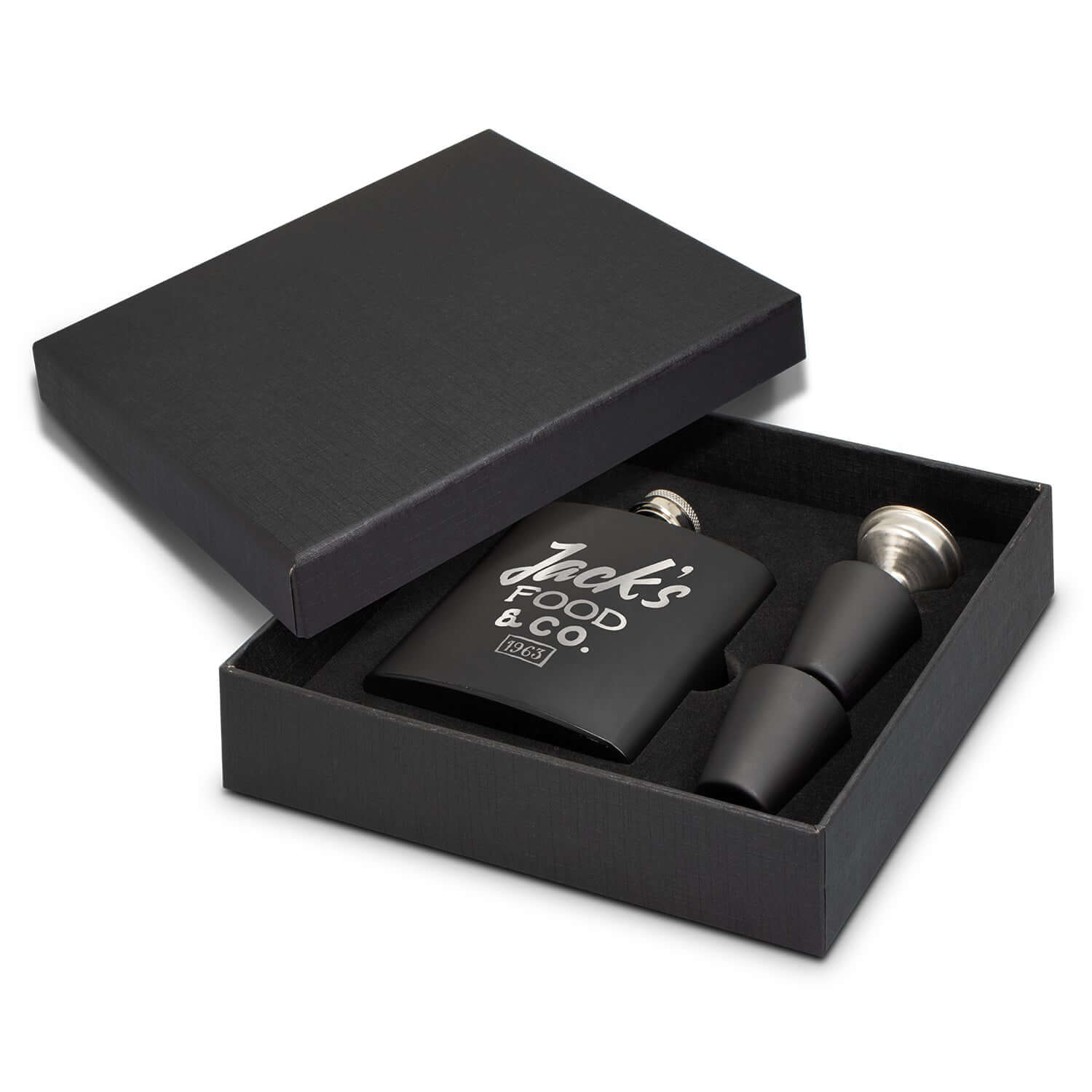 Dalmore Hip Flask Gift Set presented in a stylish box with a flask, shot glasses, and funnel.