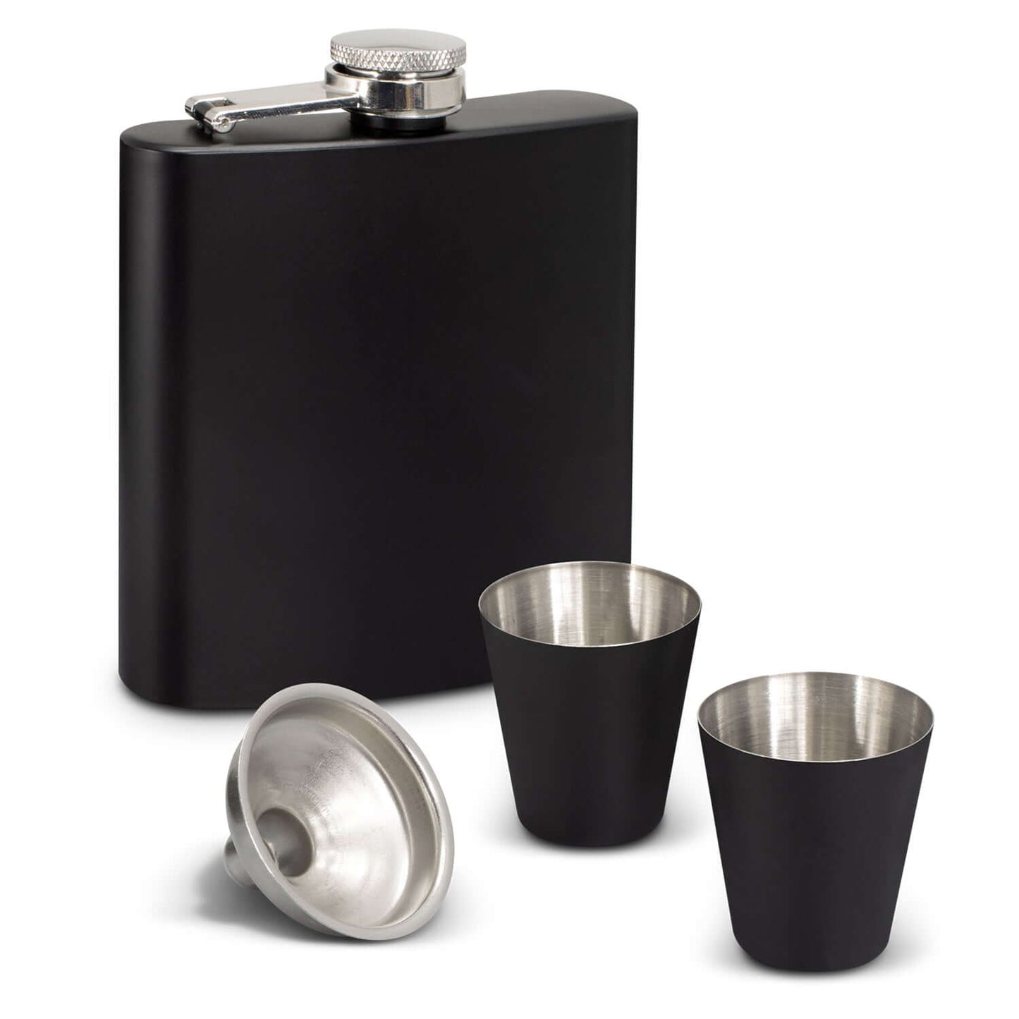 Dalmore Hip Flask Gift Set with stainless steel hip flask, two shot glasses, and funnel for corporate gift.