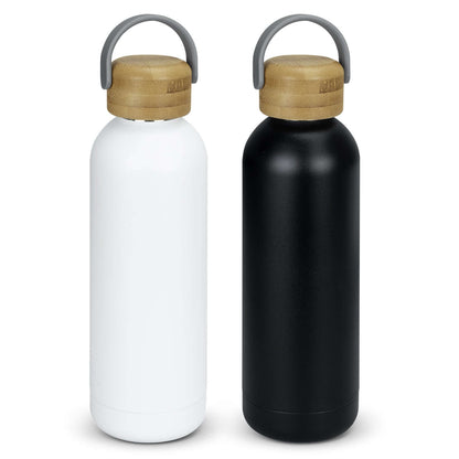Pasadena Steel Bottle in white and black with bamboo lids, ideal for corporate gifts and on-the-go hydration.
