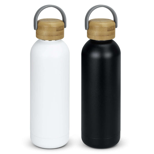 Pasadena Steel Bottle in white and black with bamboo lids, ideal for corporate gifts and on-the-go hydration.