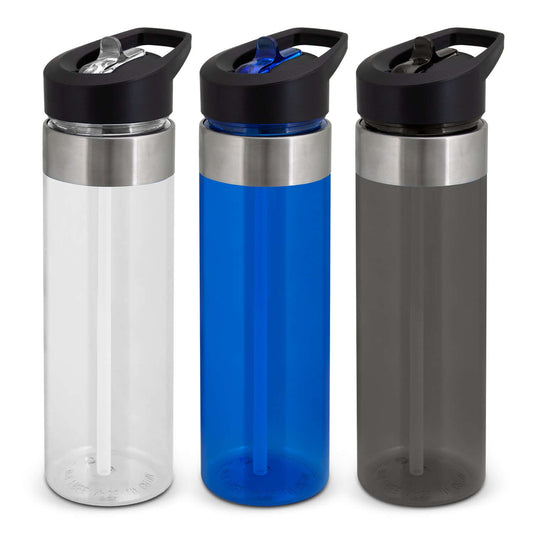 Avana Bottle collection featuring three stylish BPA-free water bottles in clear, blue, and gray, ideal for corporate gift.