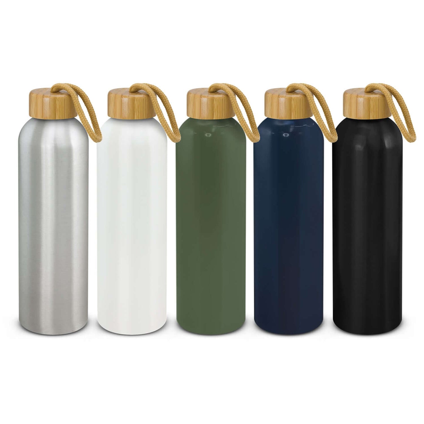 Eden Aluminium Bottle collection featuring silver, white, olive green, navy blue, and black with bamboo lids.