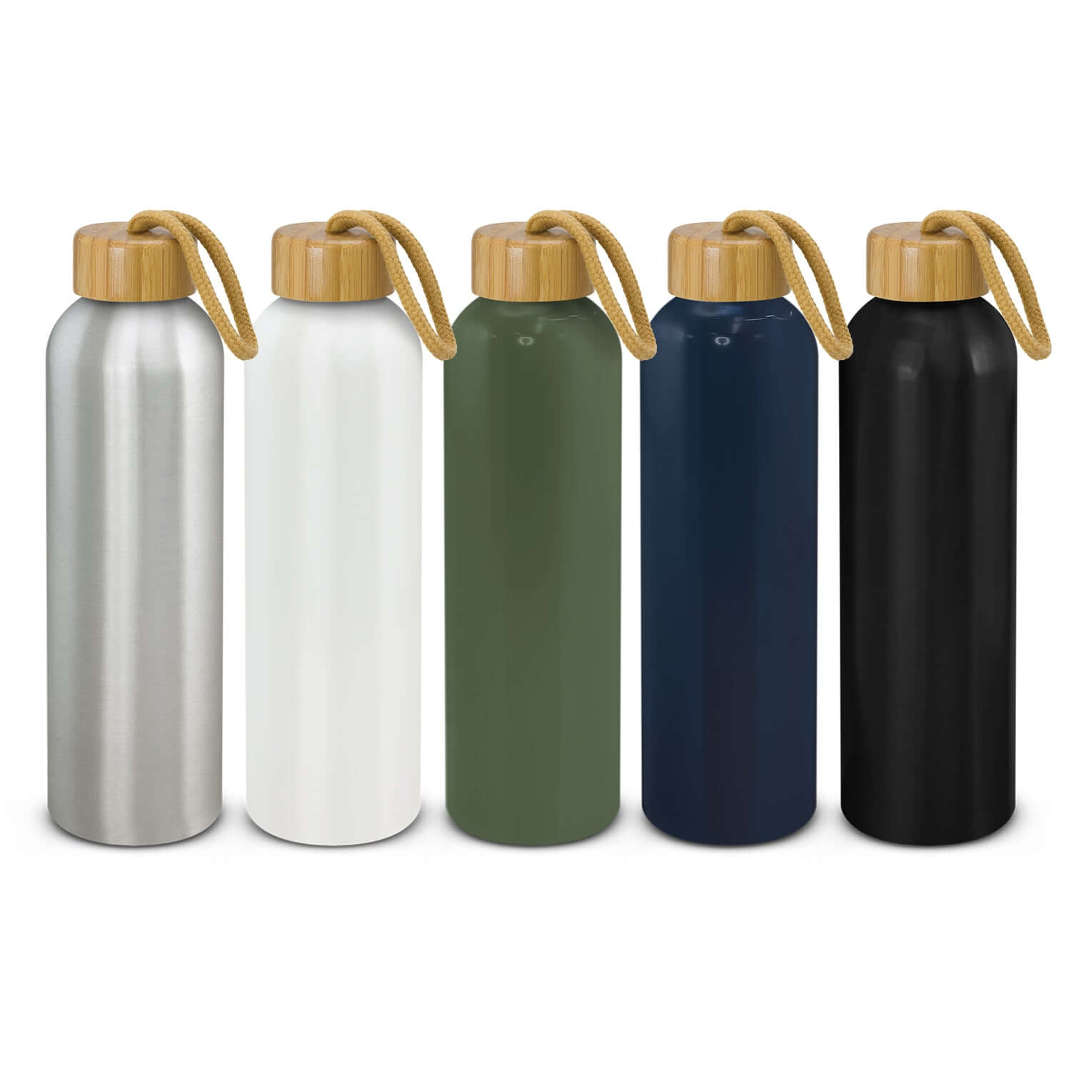 Eden Aluminium Bottle collection featuring silver, white, olive green, navy blue, and black with bamboo lids.