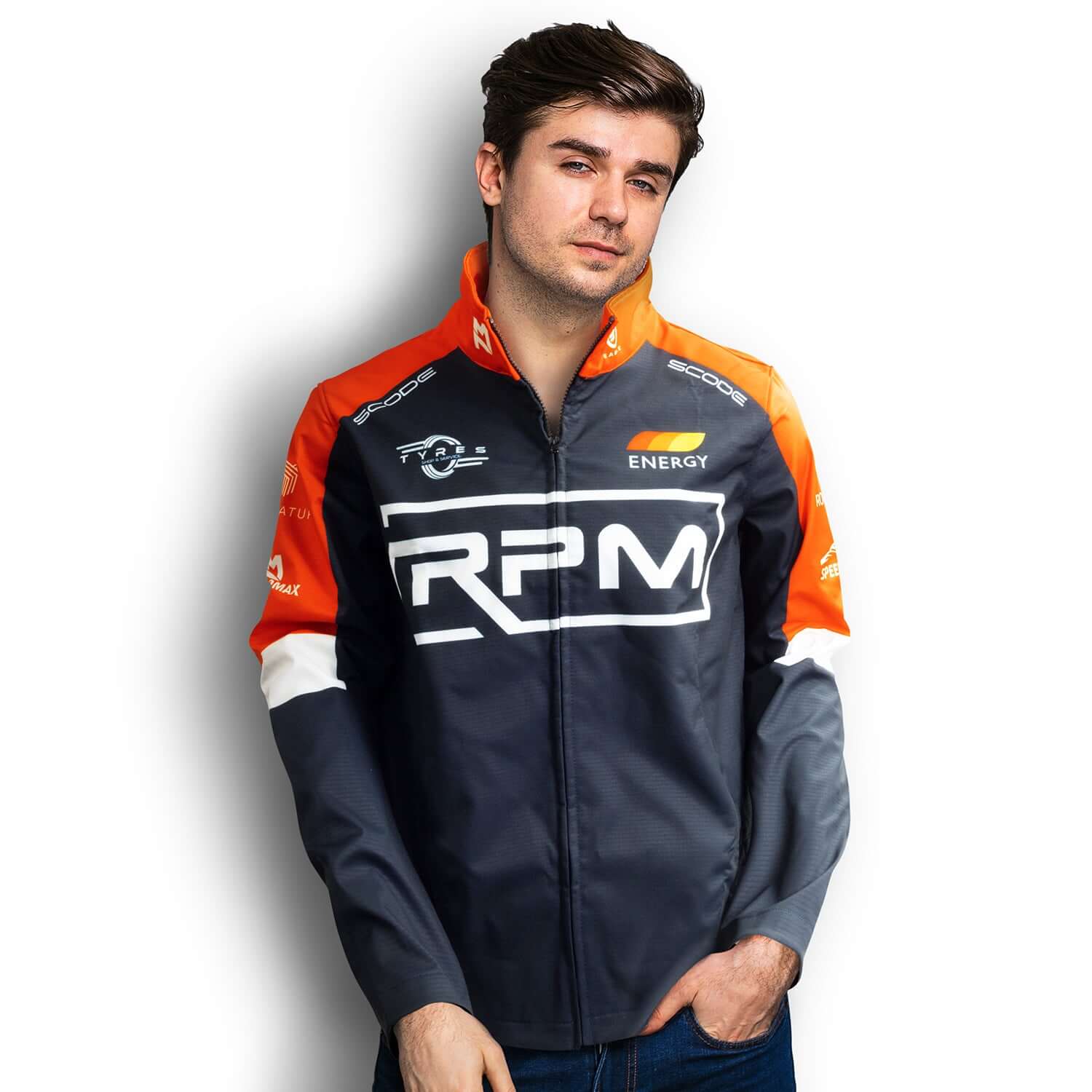 Custom Mens Premium Softshell Jacket in dark gray and orange, featuring a zippered closure and sporty design.
