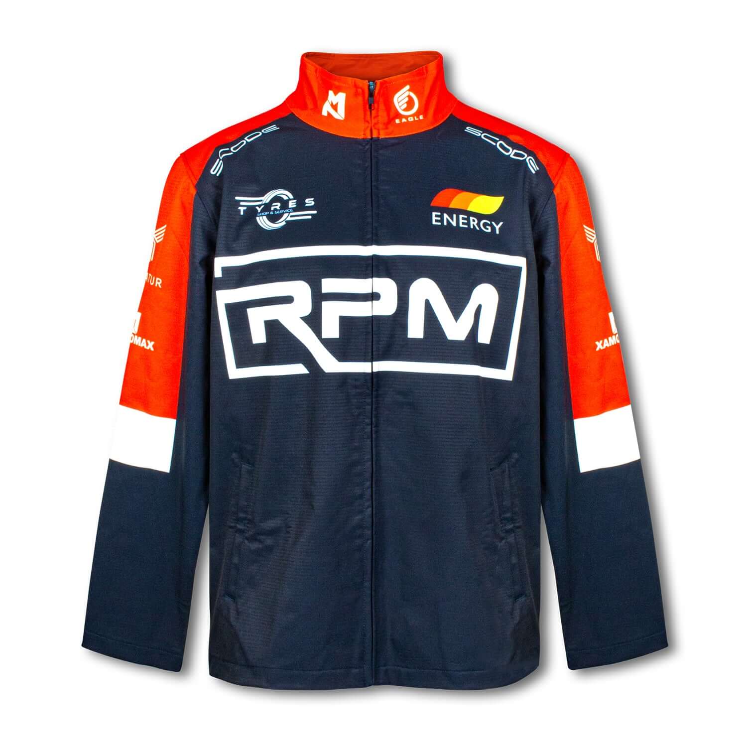 Custom Mens Premium Softshell Jacket in navy and red with RPM logo, ideal as a stylish corporate gift.