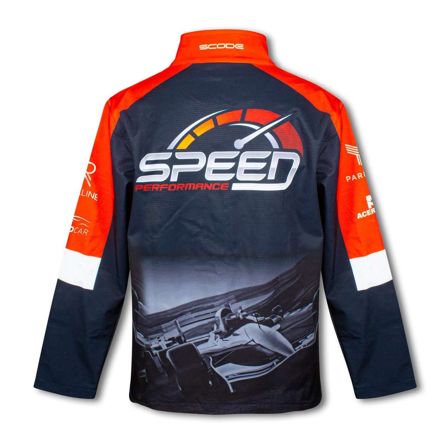 Custom Mens Premium Softshell Jacket featuring SPEED Performance design and racing theme on the back.