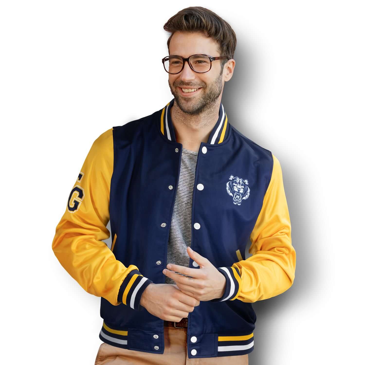 Custom Varsity Jacket worn by a smiling man, showcasing its stylish design and vibrant color contrast.