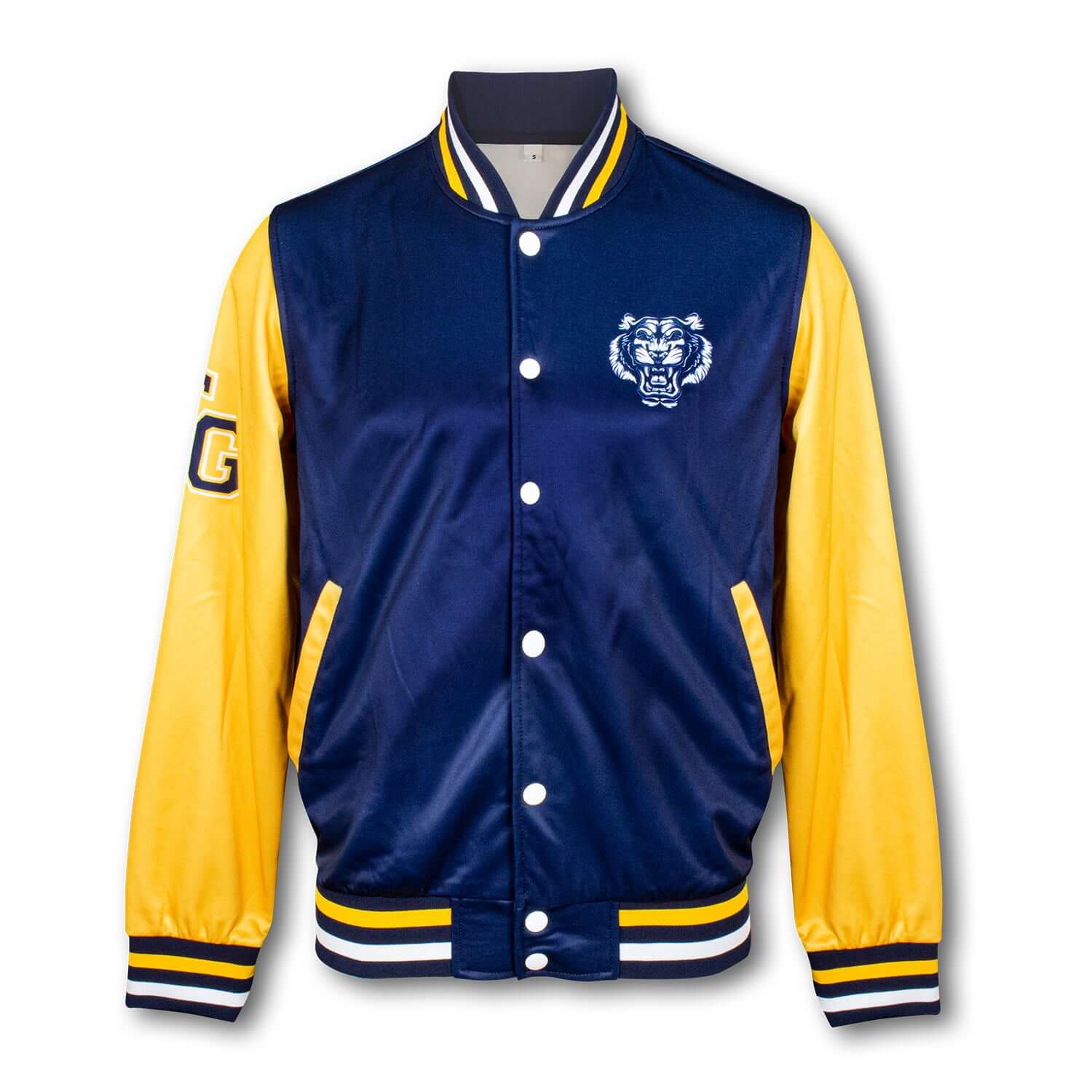 Custom Varsity Jacket featuring a blue and yellow design with a tiger logo, ideal for corporate gifts.