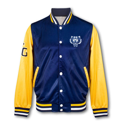 Custom Varsity Jacket featuring a blue and yellow design with a tiger logo, ideal for corporate gifts.