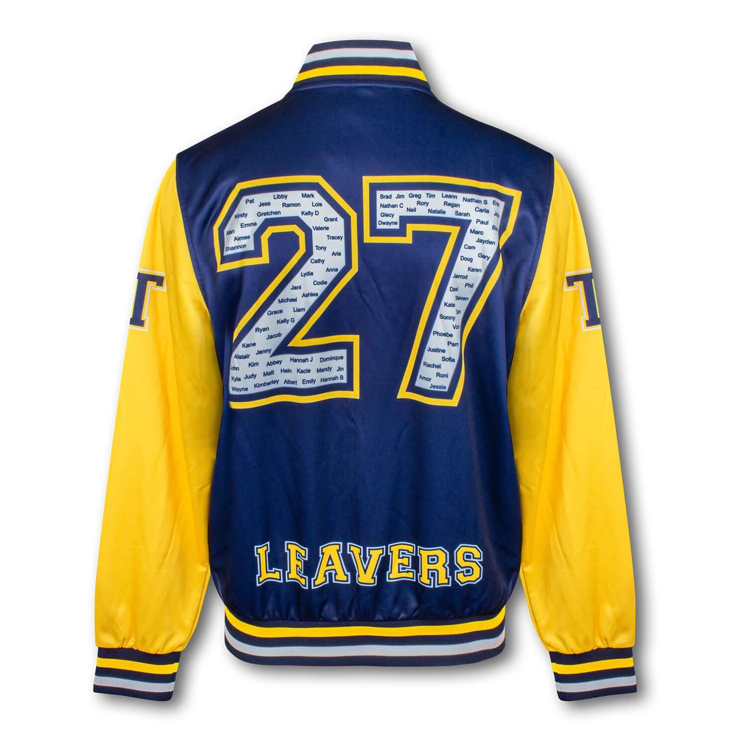 Custom Varsity Jacket in navy and yellow, featuring the number 27 and LEAVERS text on the back.