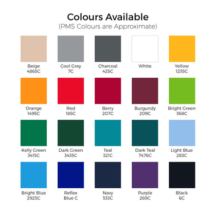 Custom Varsity Jacket colours available: Beige, Cool Grey, Charcoal, White, Yellow, Orange, Red, Berry, Burgundy, Bright Green, Kelly Green, Dark Green, Teal, Dark Teal, Light Blue, Bright Blue, Reflex Blue, Navy, Purple, Black.