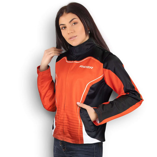 Custom Womens Sports Jacket in orange and black, featuring modern design and practical pockets, ideal corporate gift.