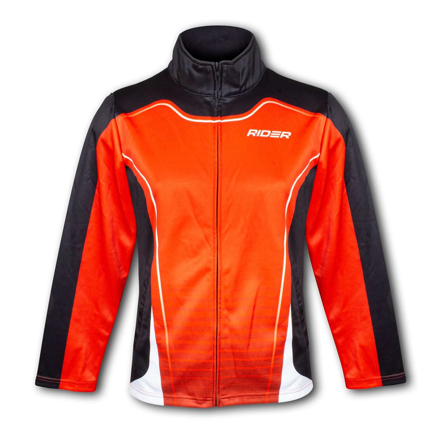 Custom Womens Sports Jacket in vibrant orange and black with modern design and zip-up front.