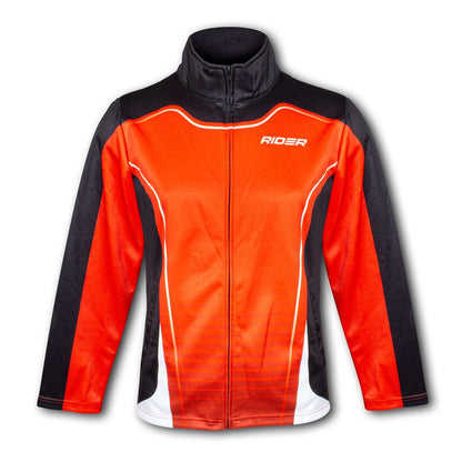 Custom Womens Sports Jacket in vibrant orange and black with modern design and zip-up front.