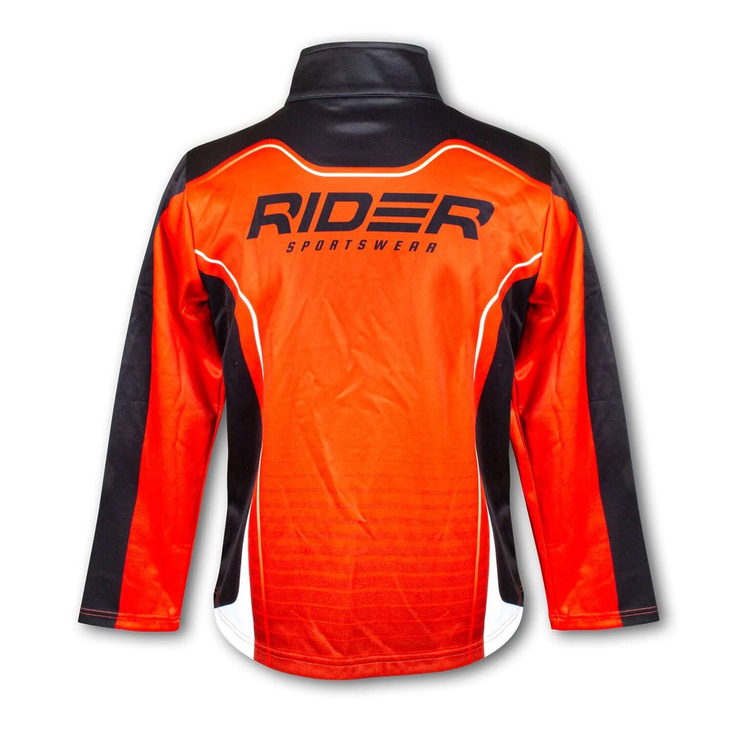 Custom Womens Sports Jacket in vibrant orange and black, featuring the RIDER Sportswear logo on the back.