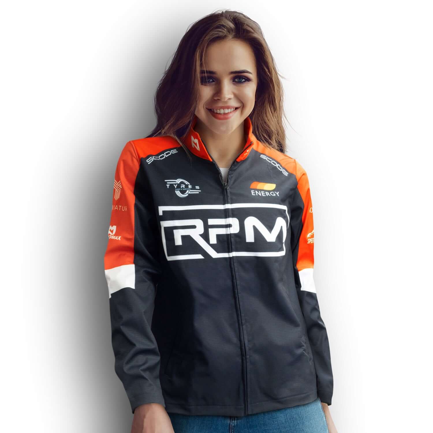 Custom Womens Premium Softshell Jacket modeled by a smiling woman, showcasing the stylish design and vibrant colors.