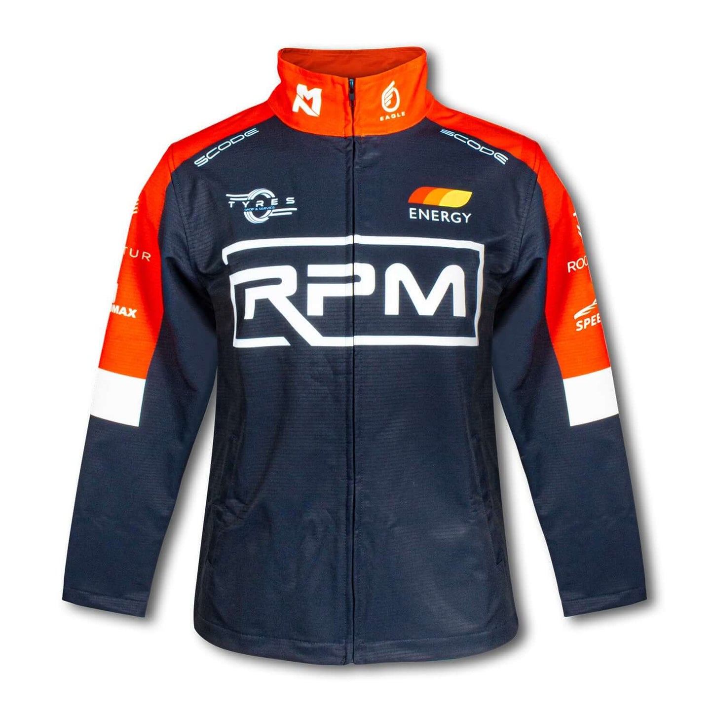 Custom Womens Premium Softshell Jacket displayed in navy and orange with logo and zipper, perfect as a Corporate Gift.