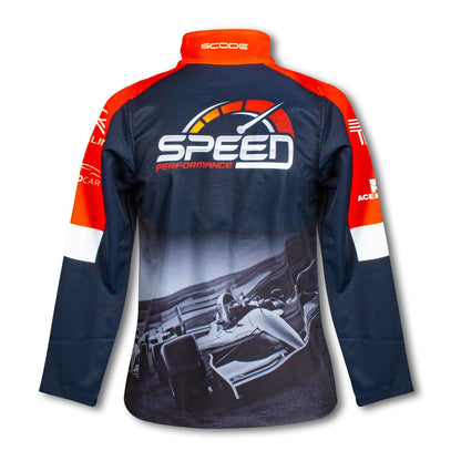 Custom Womens Premium Softshell Jacket featuring a stylish design with SPEED branding and performance details, ideal for corporate gifts.